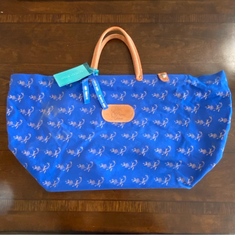Princess House Blue Floral Tote with Tan Leather Handles